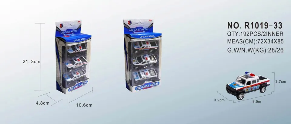Miniature Toy Police Car, Alloy Material, Scale 1:50 (set of 3) Window Box wholesale from Qili Toys