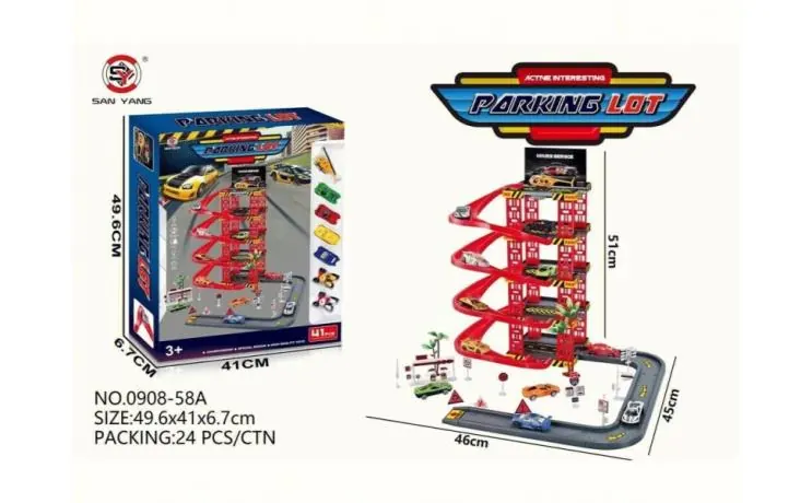 Parking Area (includes 2 alloy cars, 2 realistic-looking cars, 2 motorcycles, and 1 alloy airplane, with a toy car track) Color Box wholesale from Qili Toys