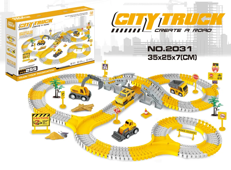 Rapid Electric Engineering Track Car (without flashing lights, 255pc, includes 1 aa battery, but does not include the battery) Color Box wholesale from Qili Toys