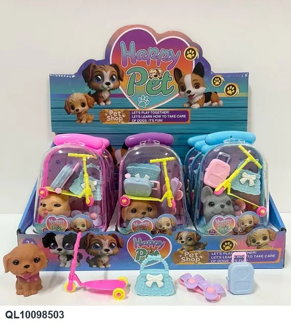 Set Of 6 Pull-Along Backpacks With A Small Dog Figurine And Skateboard, All Mixed Together. Includes 6 Individual Backpacks Displayed In A Box. Display Box wholesale from Qili Toys