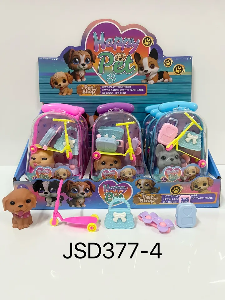 Set Of 6 Pull-Along Backpacks With A Small Dog Figurine And Skateboard, All Mixed Together. Includes 6 Individual Backpacks Displayed In A Box (price for one set). Display Box wholesale from Qili Toys