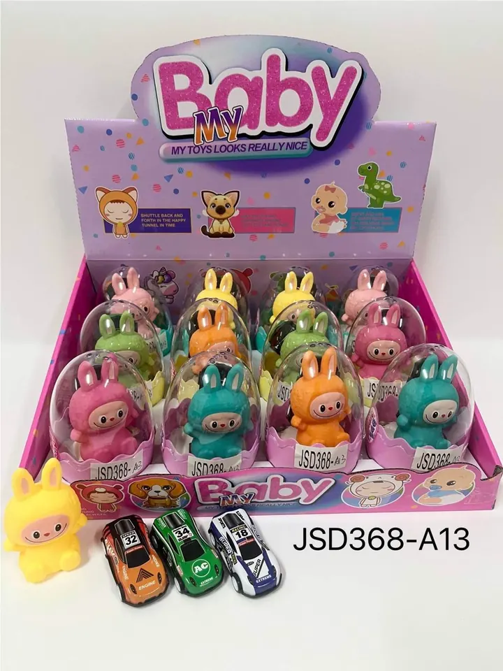 Set Of 8 Enamel Eggs, 1 Abubu Style, Mixed Set With Small Metal Toy Cars (12 pieces, price per individual) Display Box wholesale from Qili Toys