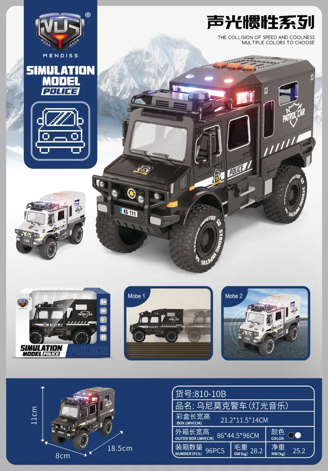 Simulated Inertia Sound And Light Car-Mercedes-Benz Unimog Police Car (with light and music) (whole box price) Window Box wholesale from Qili Toys