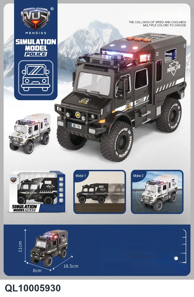 Simulated Inertia Sound And Light Car-Mercedes-Benz Unimog Police Car (with light and music) Window Box wholesale from Qili Toys