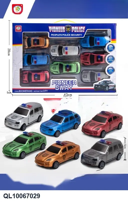 Two 6-Color Pullback Toy Police Cars (metallic finish) 8 Window Boxes wholesale from Qili Toys