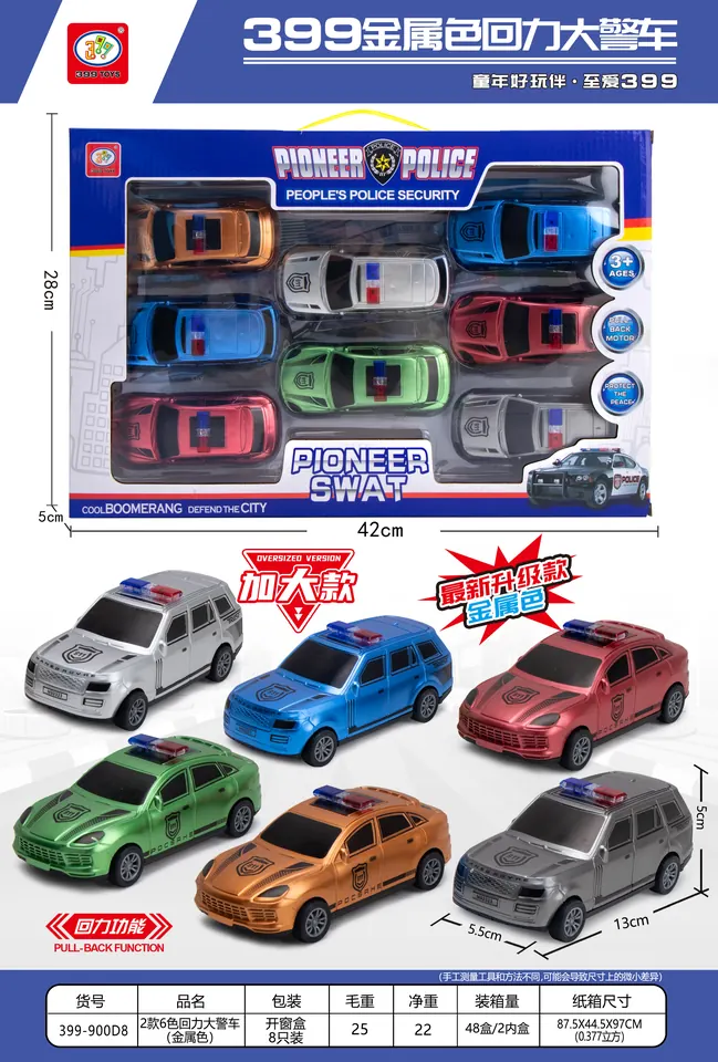 Two 6-Color Pullback Toy Police Cars (metallic finish) 8 Window Boxes wholesale from Qili Toys